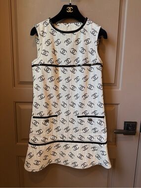 CHANEL Grey and Black Denim Shift Dress with Black Trim. Size XS.